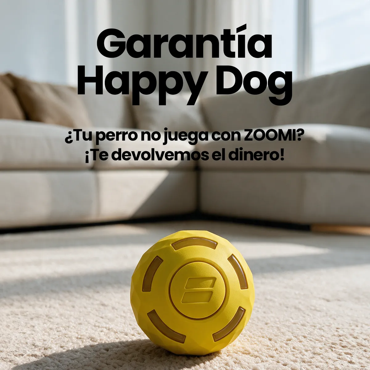 A yellow dog toy ball sits on a carpet in a living room with Spanish text overlaid.