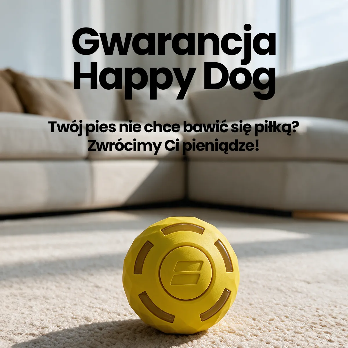 A yellow dog toy ball on a carpet in a living room with Polish text overlay.