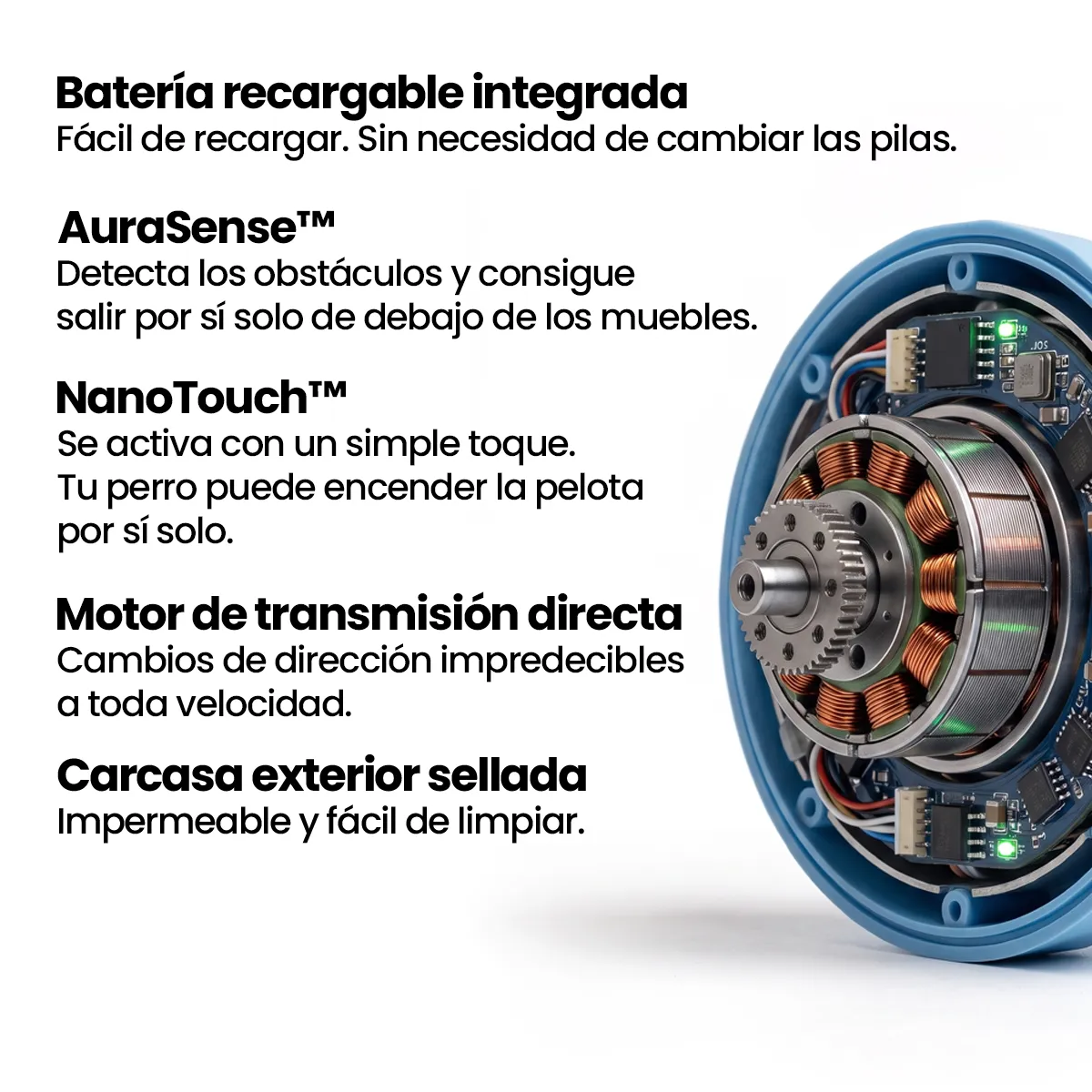 A list of features in Spanish next to a cutaway view of an electronic motor.