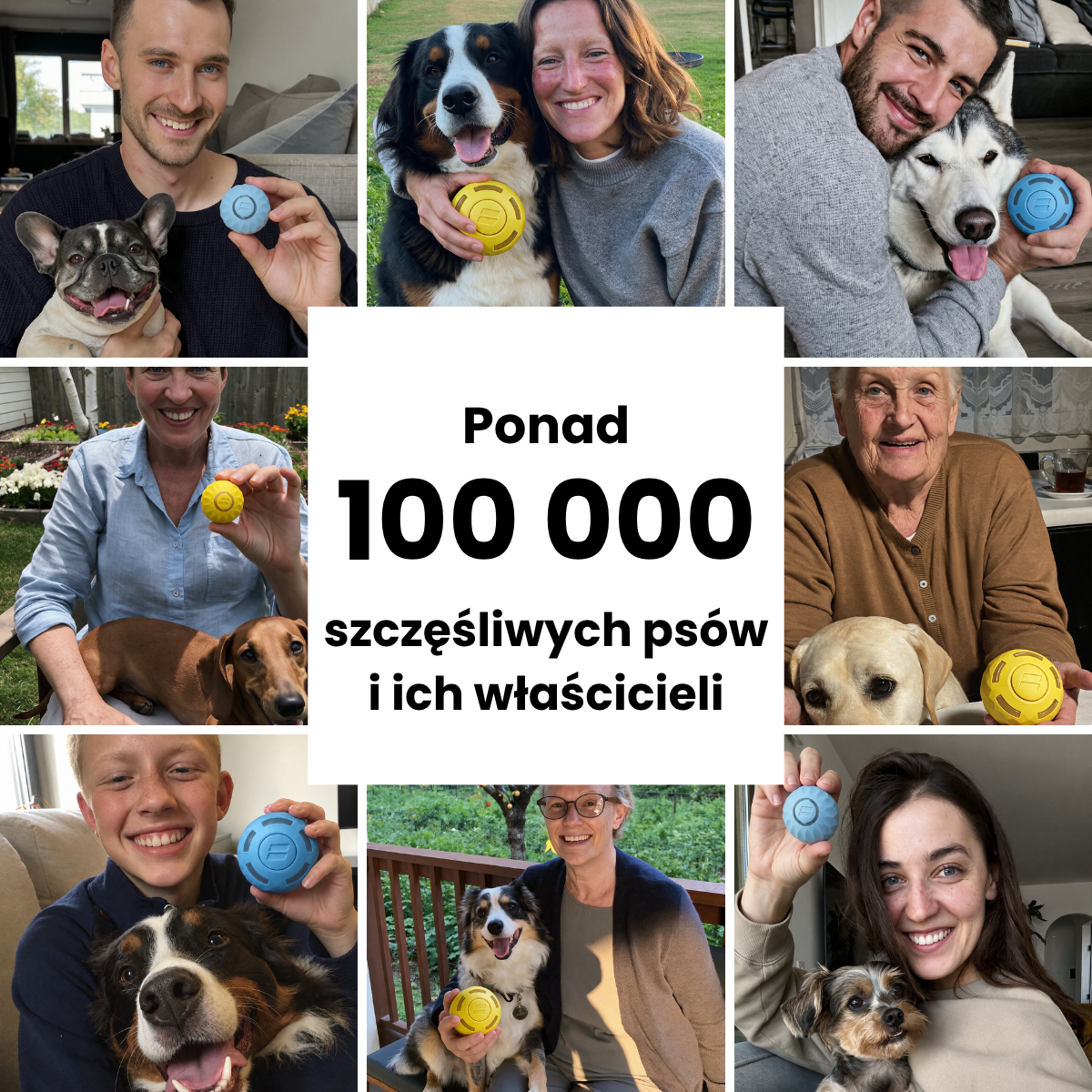 A photo collage of people and their dogs holding small, colorful ball toys, with Polish text in the center.