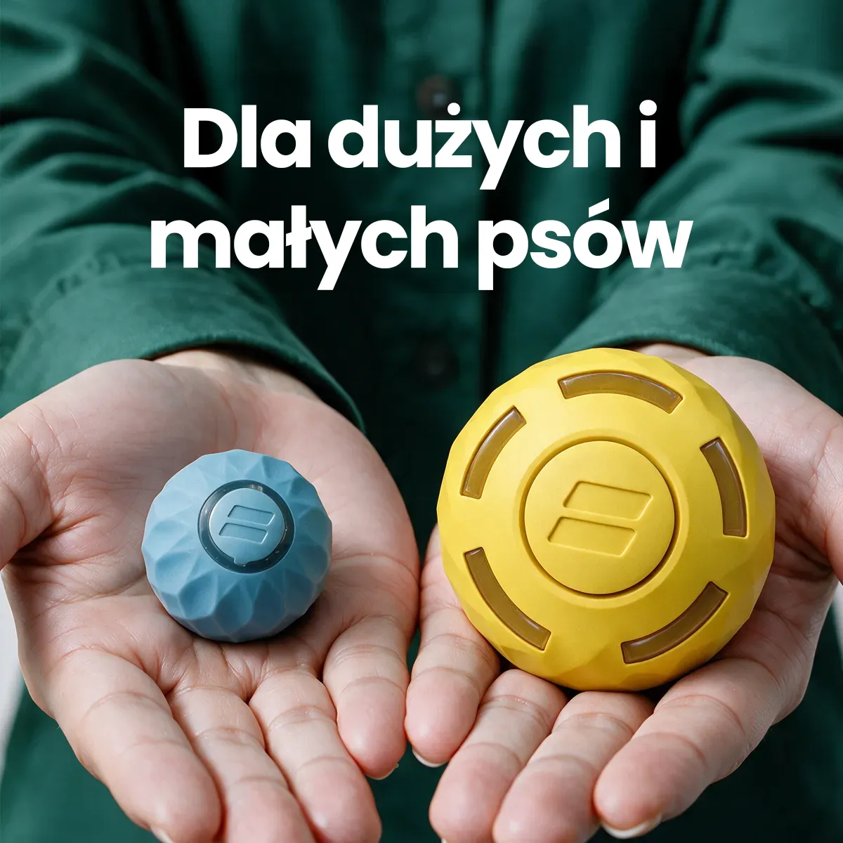 A person holds a small blue ball and a large yellow ball in their hands.