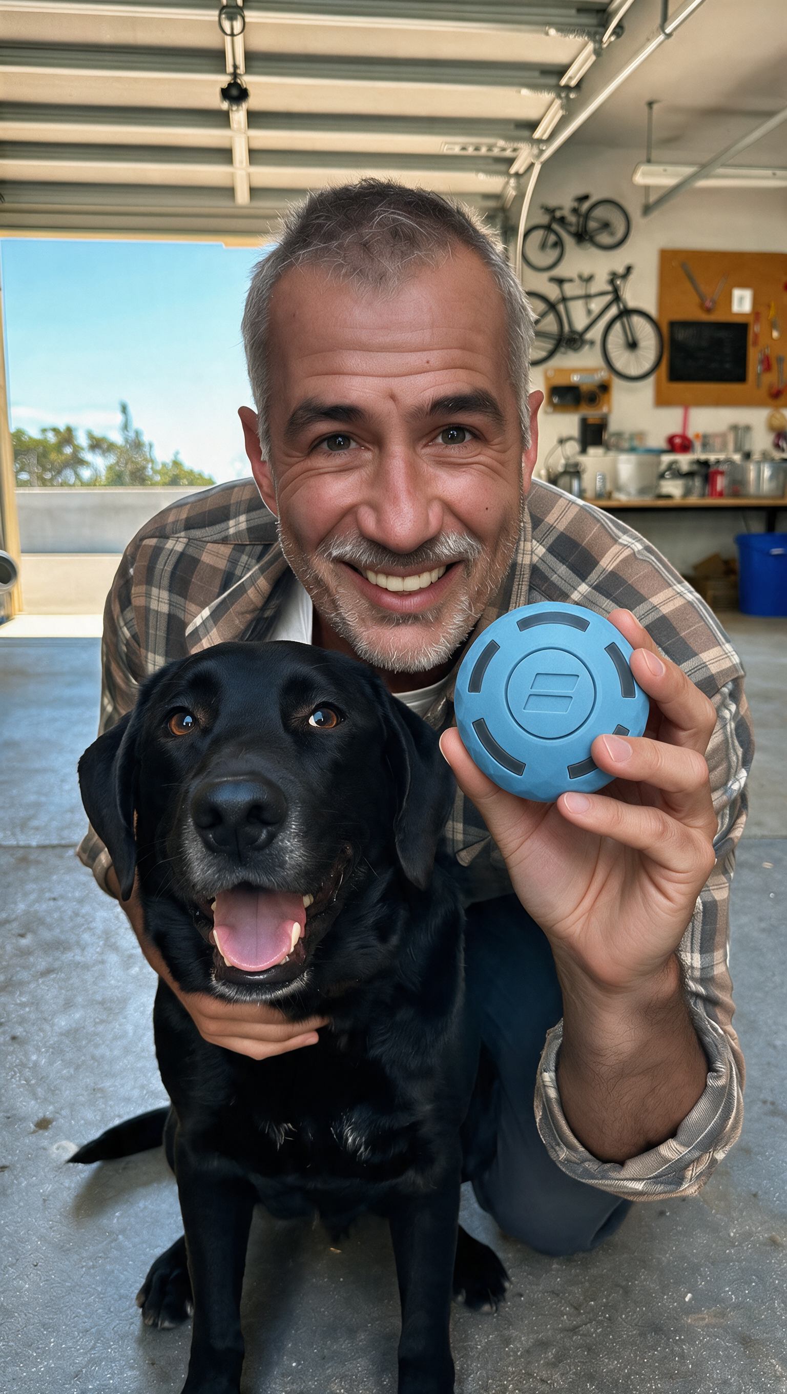 A smiling man kneels with his black dog, holding up a blue circular toy in a garage.