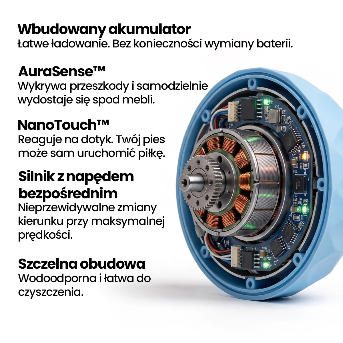 A cutaway view of a device's internal motor and circuitry, with Polish text listing its features.