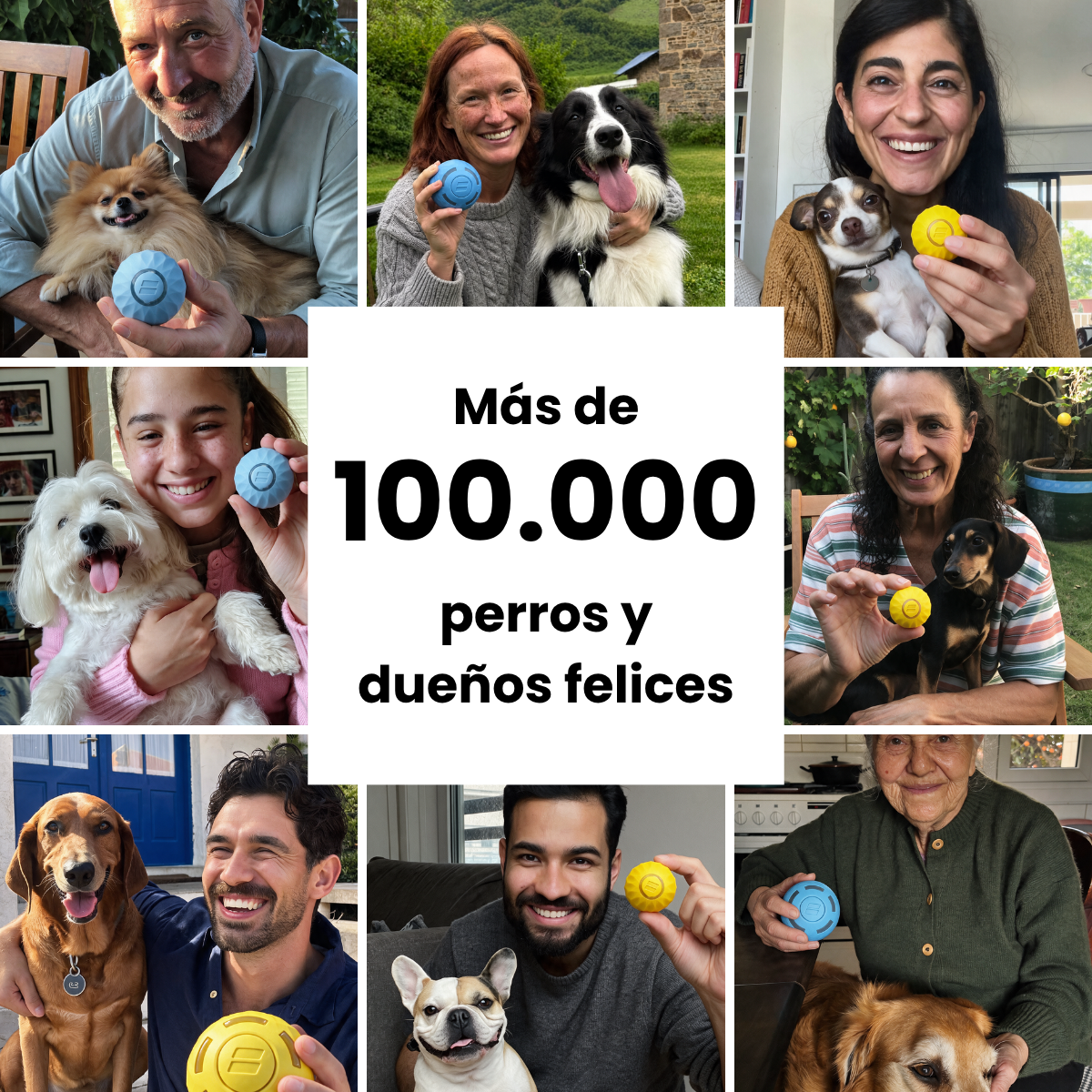 A collage of photos showing happy people and their dogs holding blue and yellow ball-shaped toys.