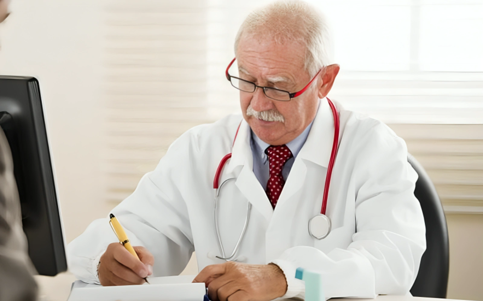 Doctor writing at a desk, wearing a white coat and stethoscope.