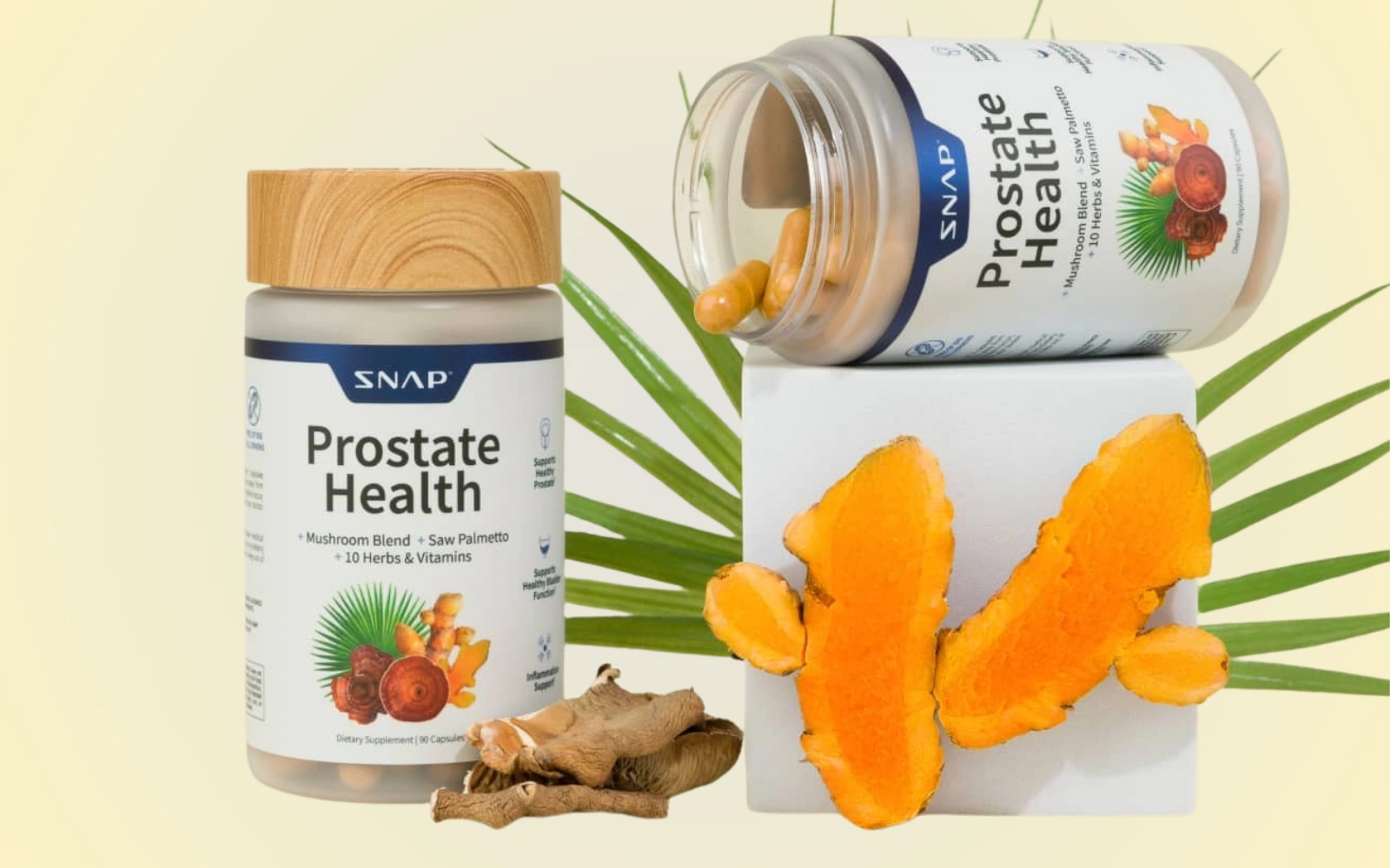 Two supplement bottles labeled 'Prostate Health' with turmeric and ginger roots, and green leaves.