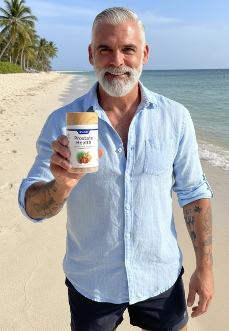Man holding a supplement bottle on a beach, wearing a light blue shirt.