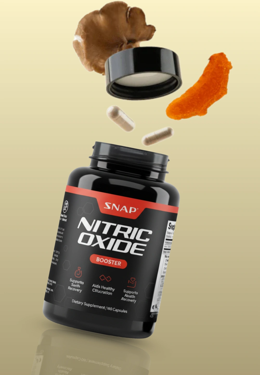 Container of nitric oxide supplement with capsules and ingredients floating above.
