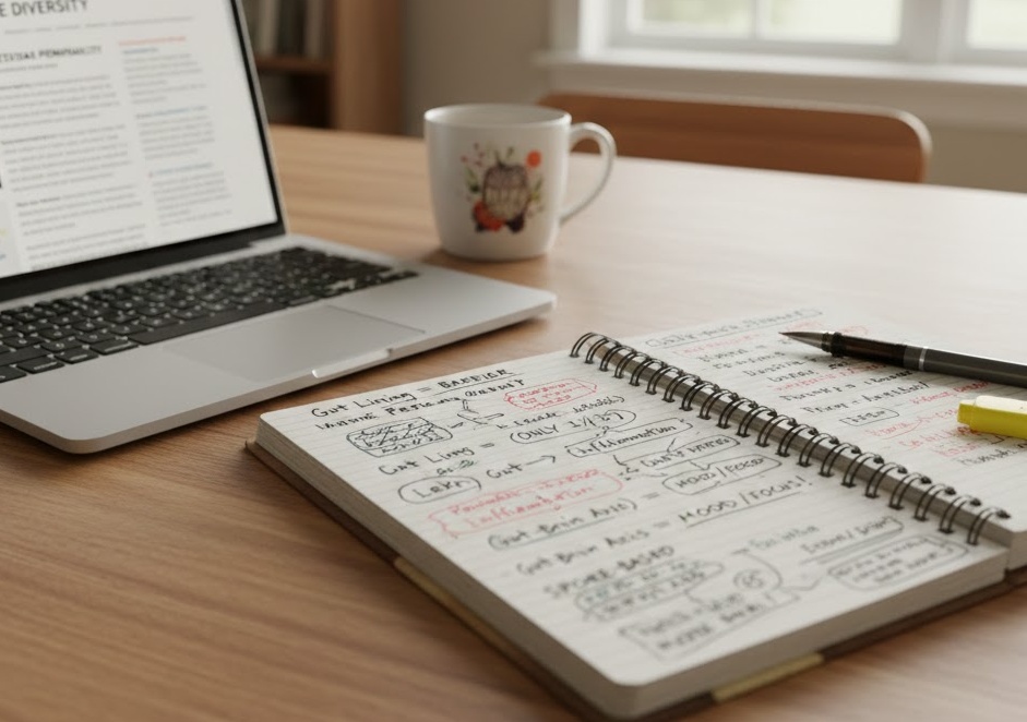A laptop on a wooden desk with an open notebook showing handwritten mind-map style notes, a pen, and a mug.