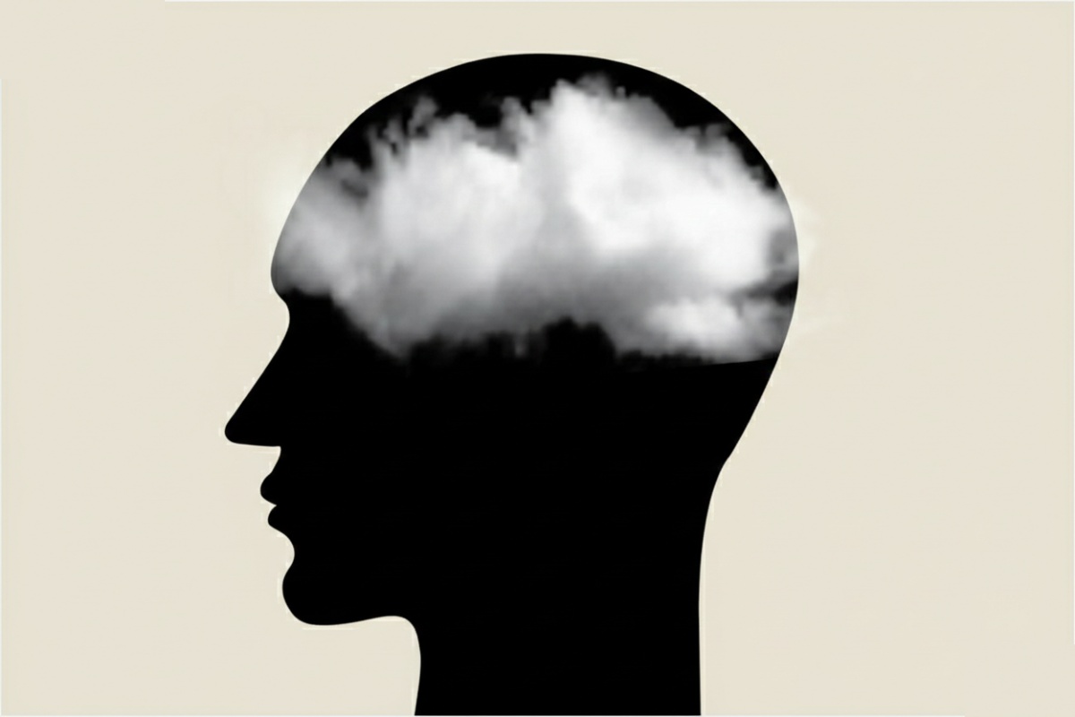 A black silhouette of a person's head in profile, with clouds filling the top portion.