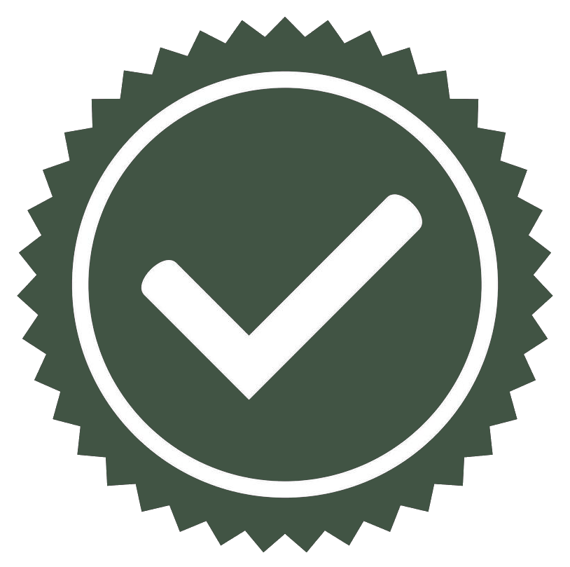 A white checkmark inside a white circle, on a dark green starburst seal against a black background.
