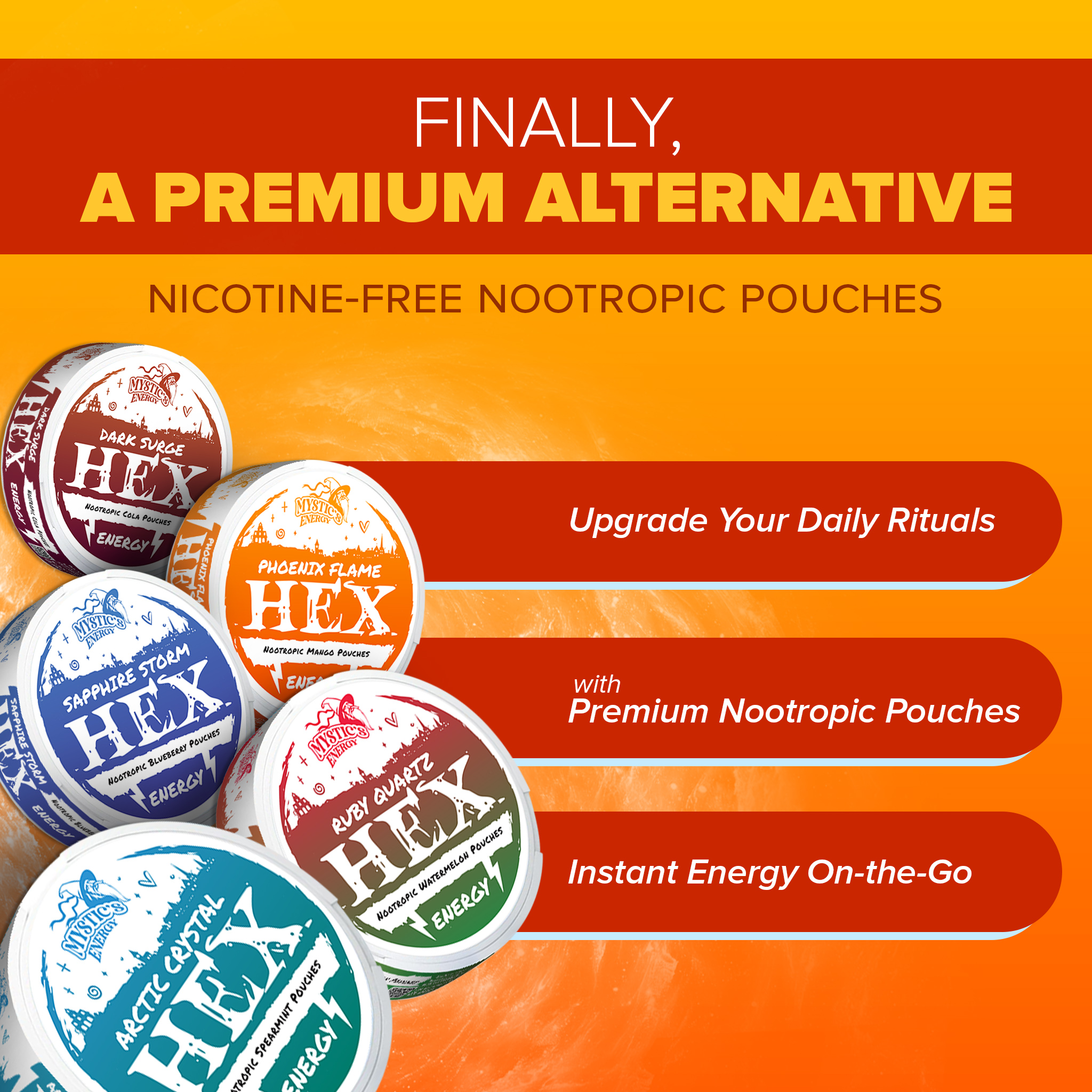 Colorful nootropic pouches with text promoting nicotine-free energy alternatives.