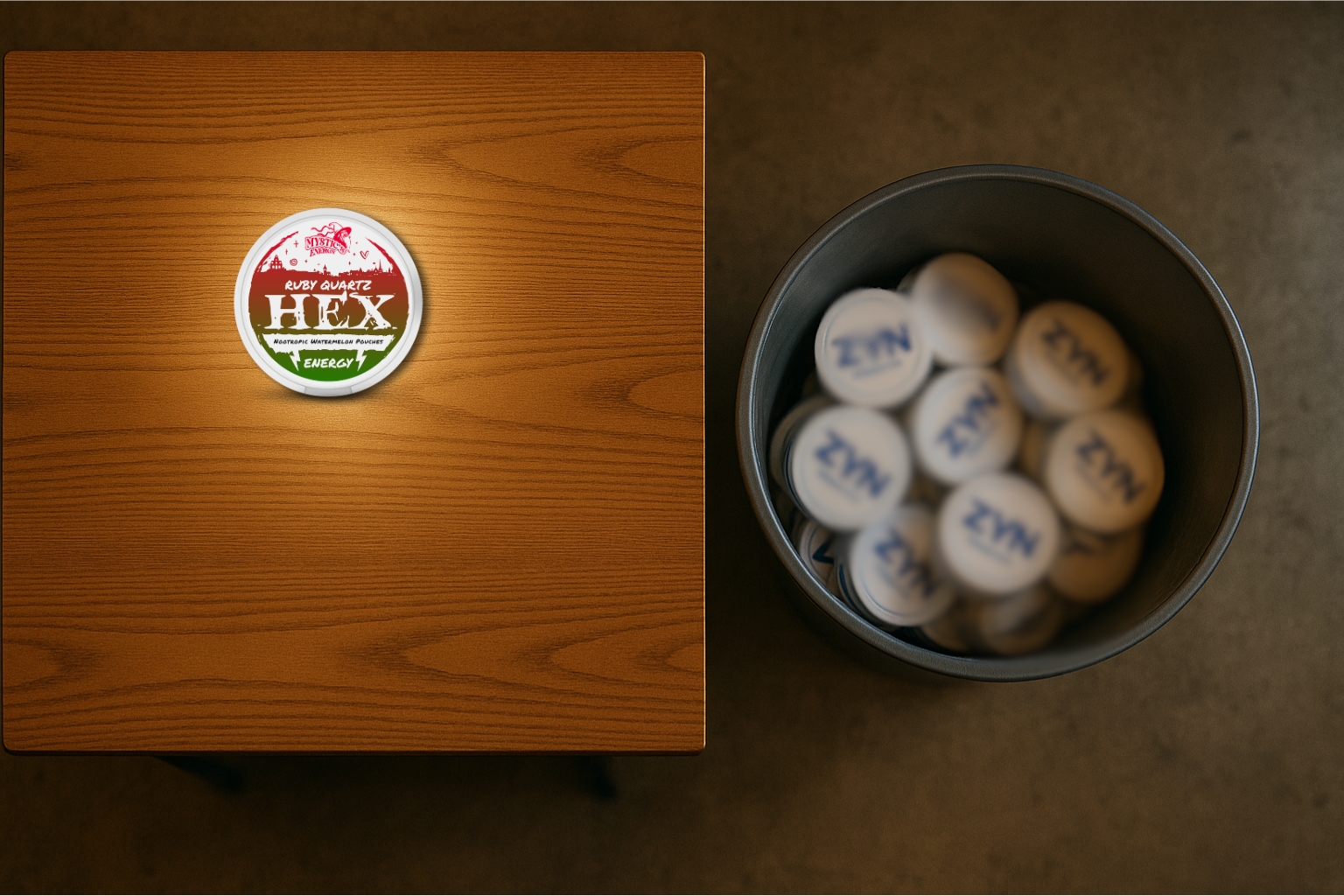 Wooden table with a 'HEX' container and a bucket of 'ZYN' containers.