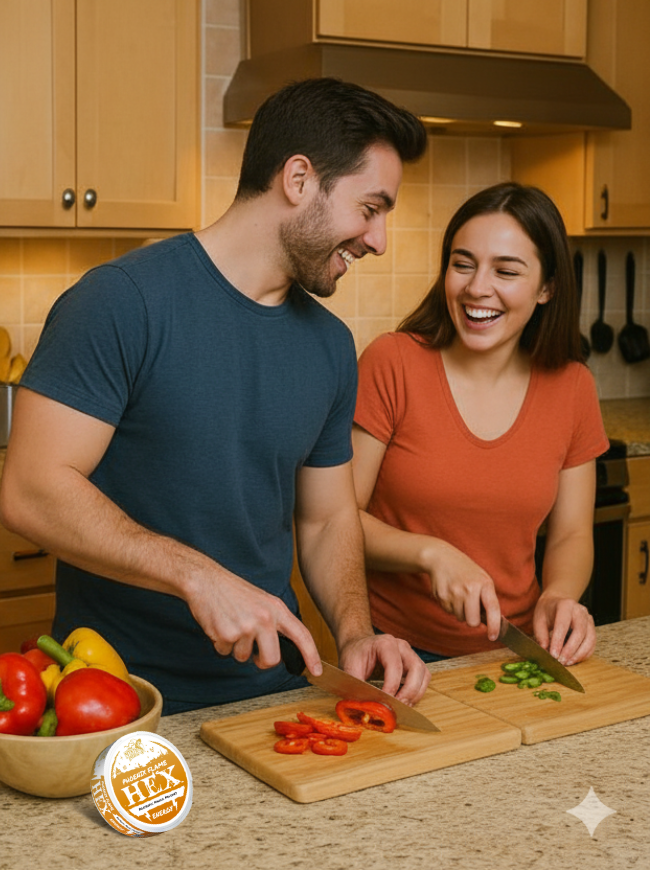Two people happily cutting vegetables in a kitchen.