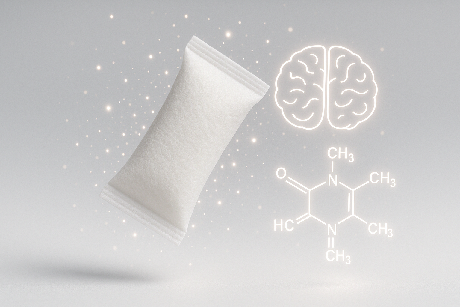 Floating white pillow with brain and chemical structure illustrations.