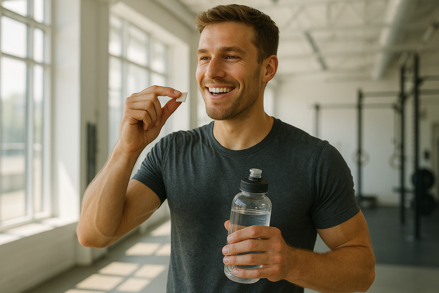 Man holding a water bottle and a tablet in a gym.
