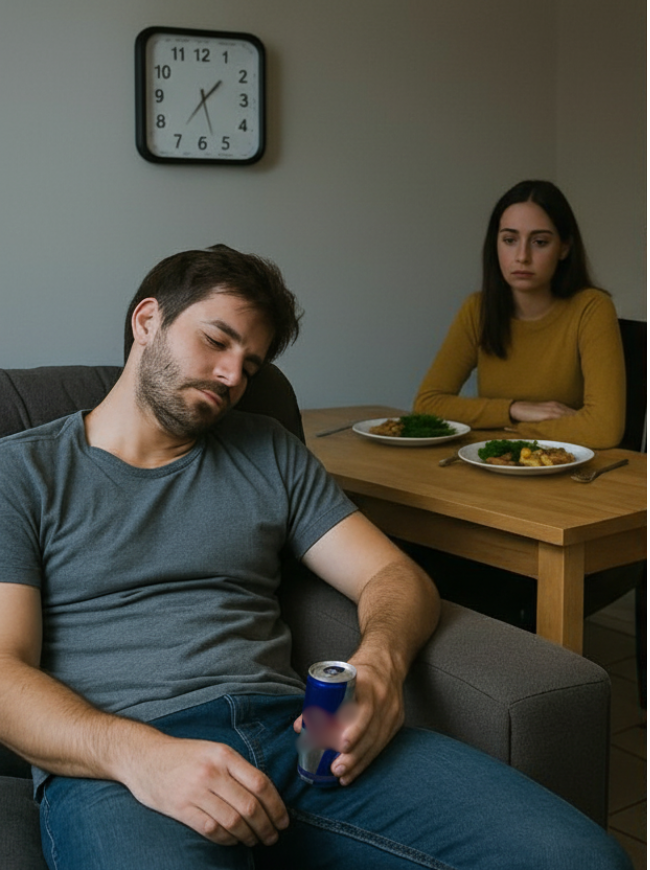 Man holding a can on a couch, woman seated at the table with food, wall clock visible.