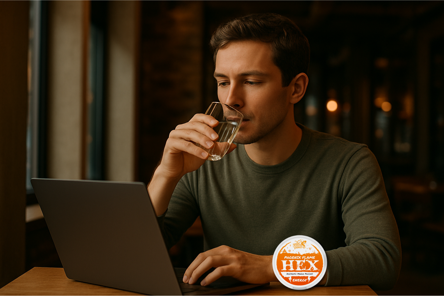 Man drinking water while using a laptop in a dimly lit room.
