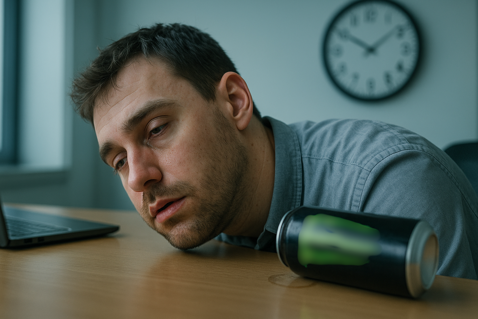 Man resting head on table near laptop and can, clock on wall.