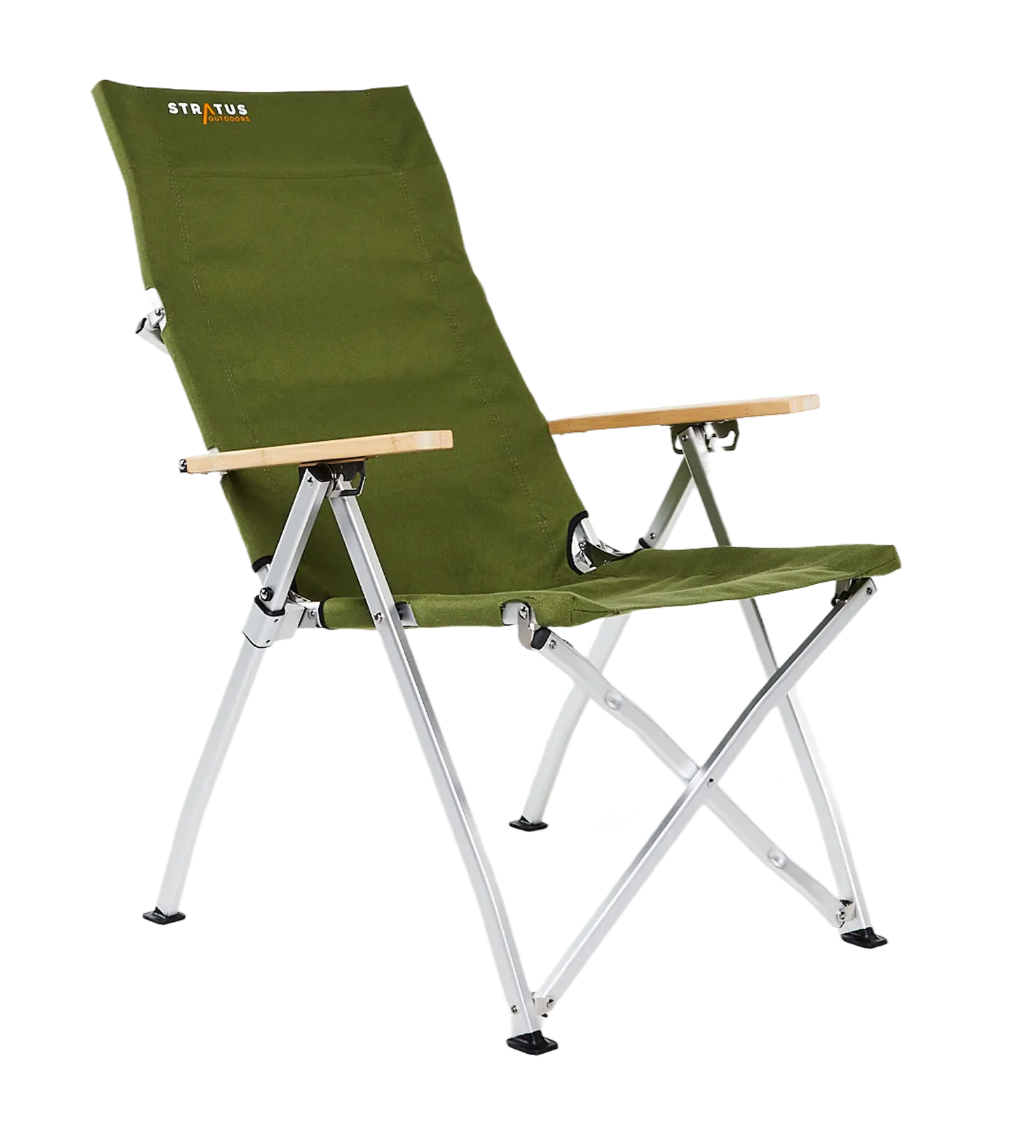 Folding green chair with wooden armrests and metal legs.
