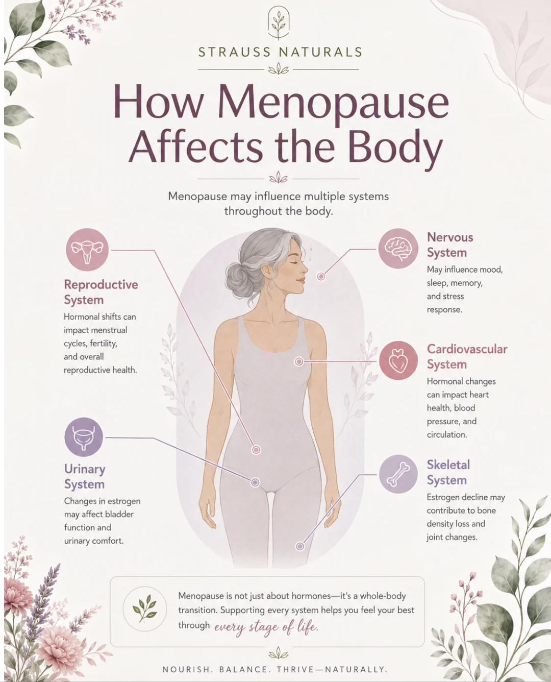 An infographic titled 'How Menopause Affects the Body,' showing a woman's body and its systems.