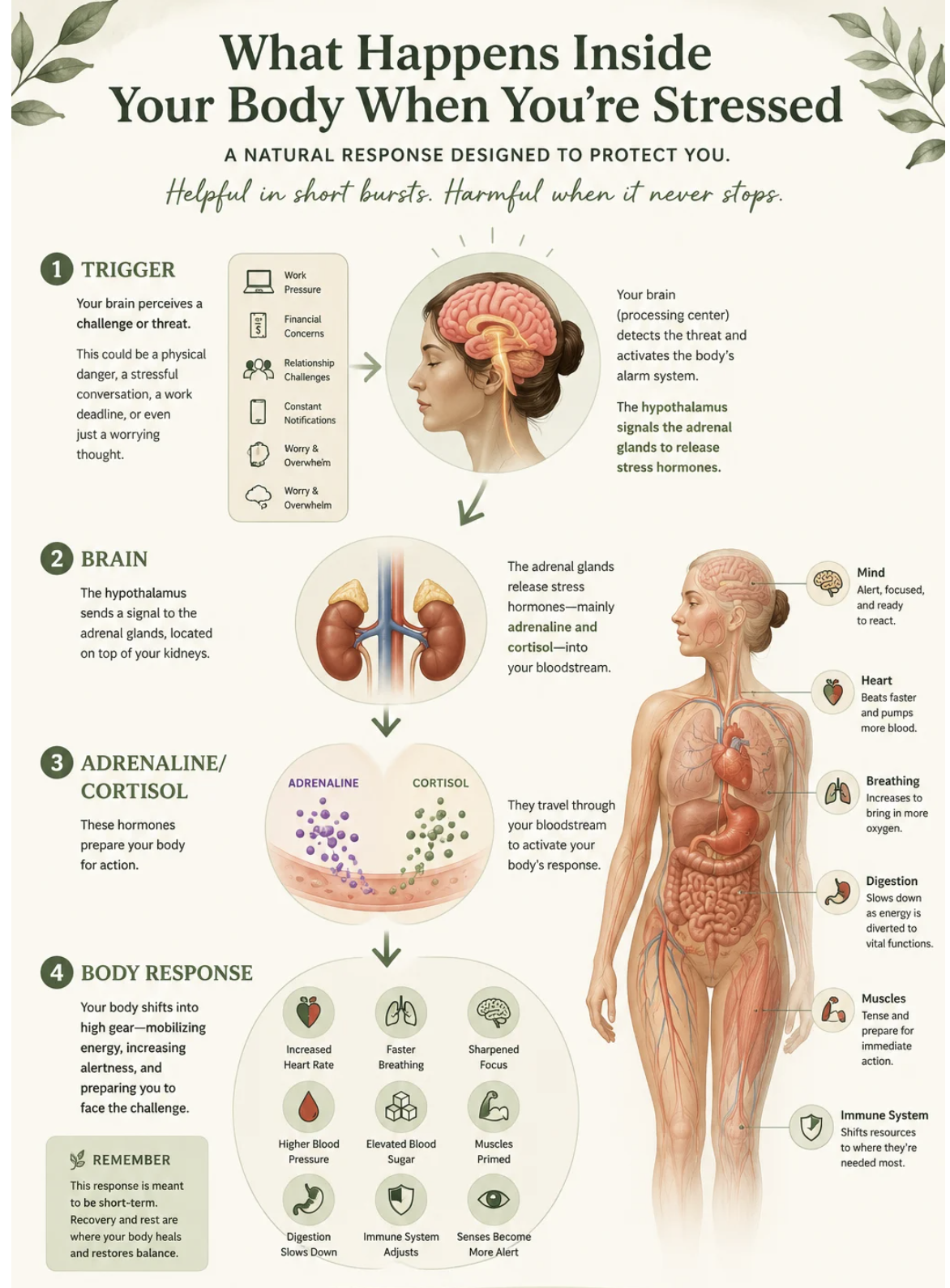 An infographic detailing the physiological process of the human body's response to stress in four steps.