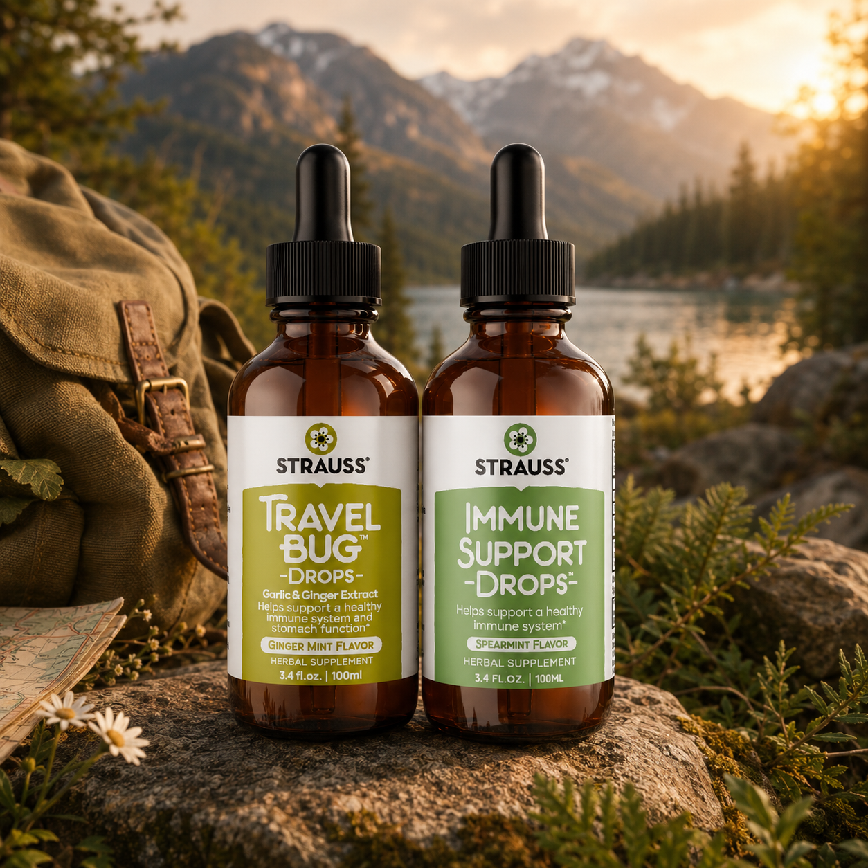 Two bottles of Strauss herbal drops sit on a rock with a backpack in a mountain landscape.