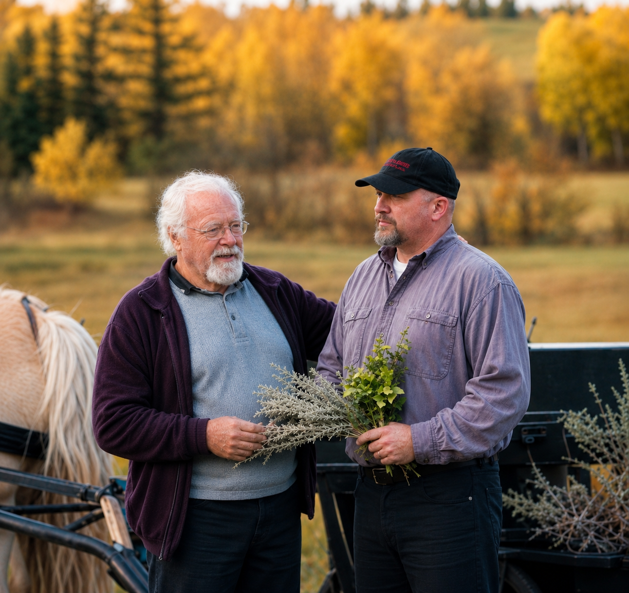 Two men holding bunches of plants stand talking in a field next to a horse and cart.