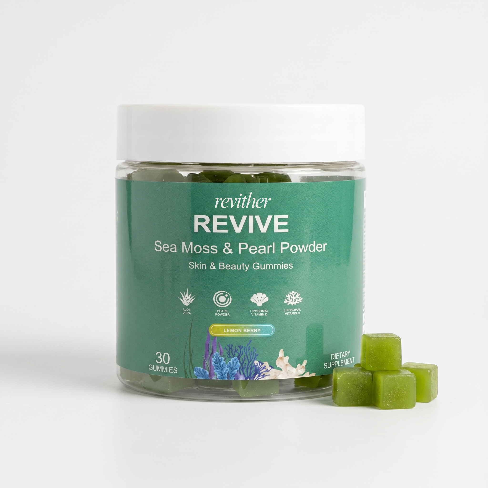 A jar of Revither Revive Sea Moss & Pearl Powder gummies with four green gummies beside it.