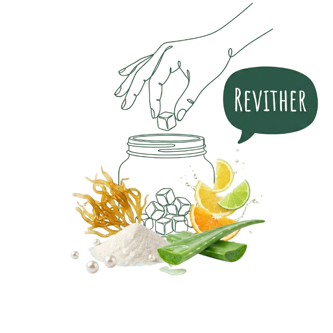 A collage of ingredients like seaweed, aloe, and citrus surrounding a line drawing of a jar.