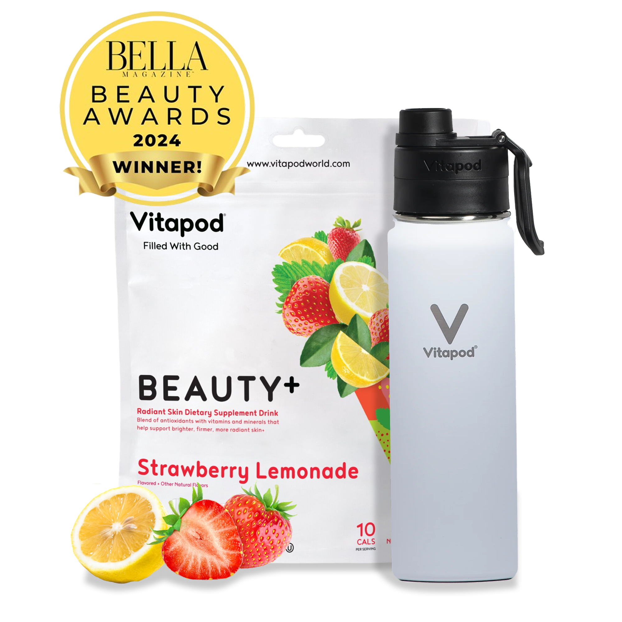 Package of Vitapod Beauty+ Strawberry Lemonade dietary supplement drink.
