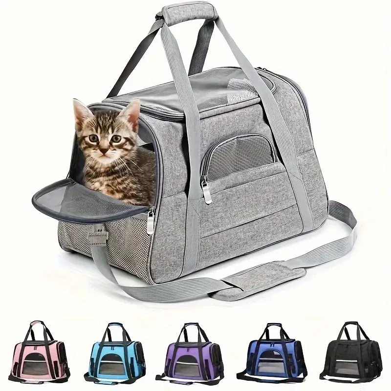 A kitten peeking out of a gray pet carrier bag.