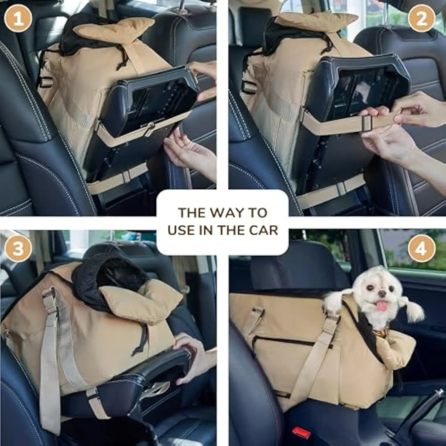 Four-step guide showing a pet carrier being secured in a car with a dog inside.