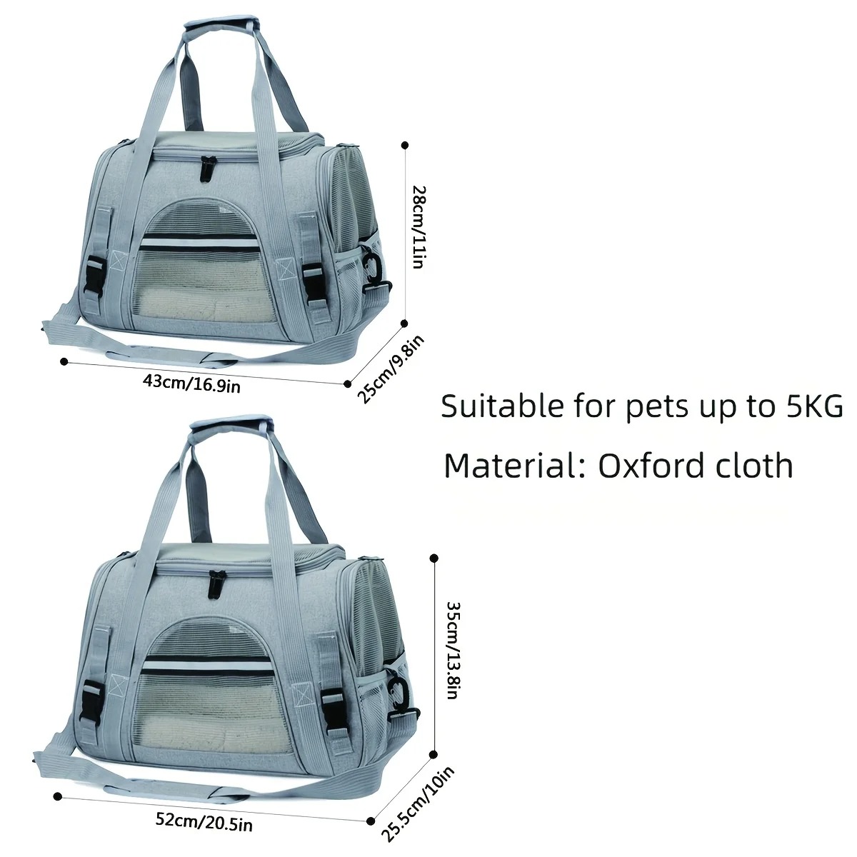 Two gray pet carriers with dimensions and material details.