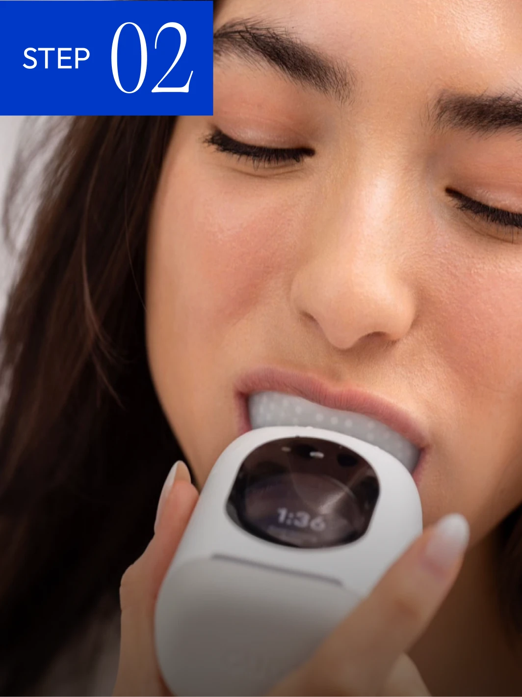 A woman with closed eyes uses a timed electronic teeth whitening device, with text overlay reading 'Step 02'.