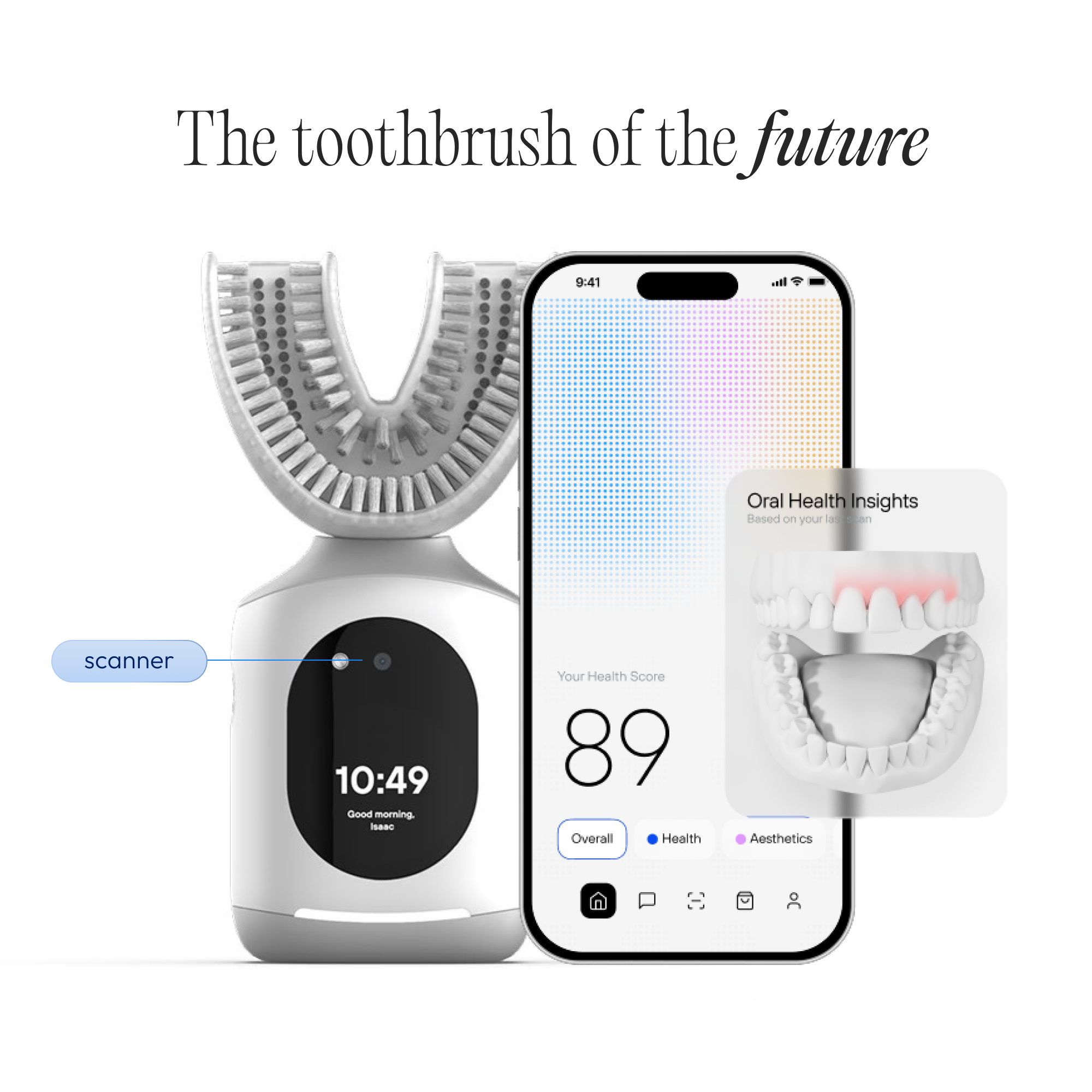 A smart U-shaped toothbrush next to a smartphone displaying an oral health app with health insights.