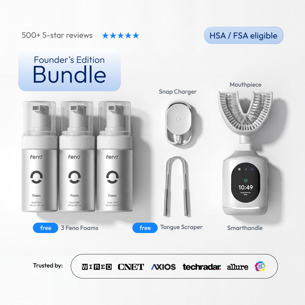 An oral care bundle including a smart toothbrush with mouthpiece, foam, tongue scraper, and charger.
