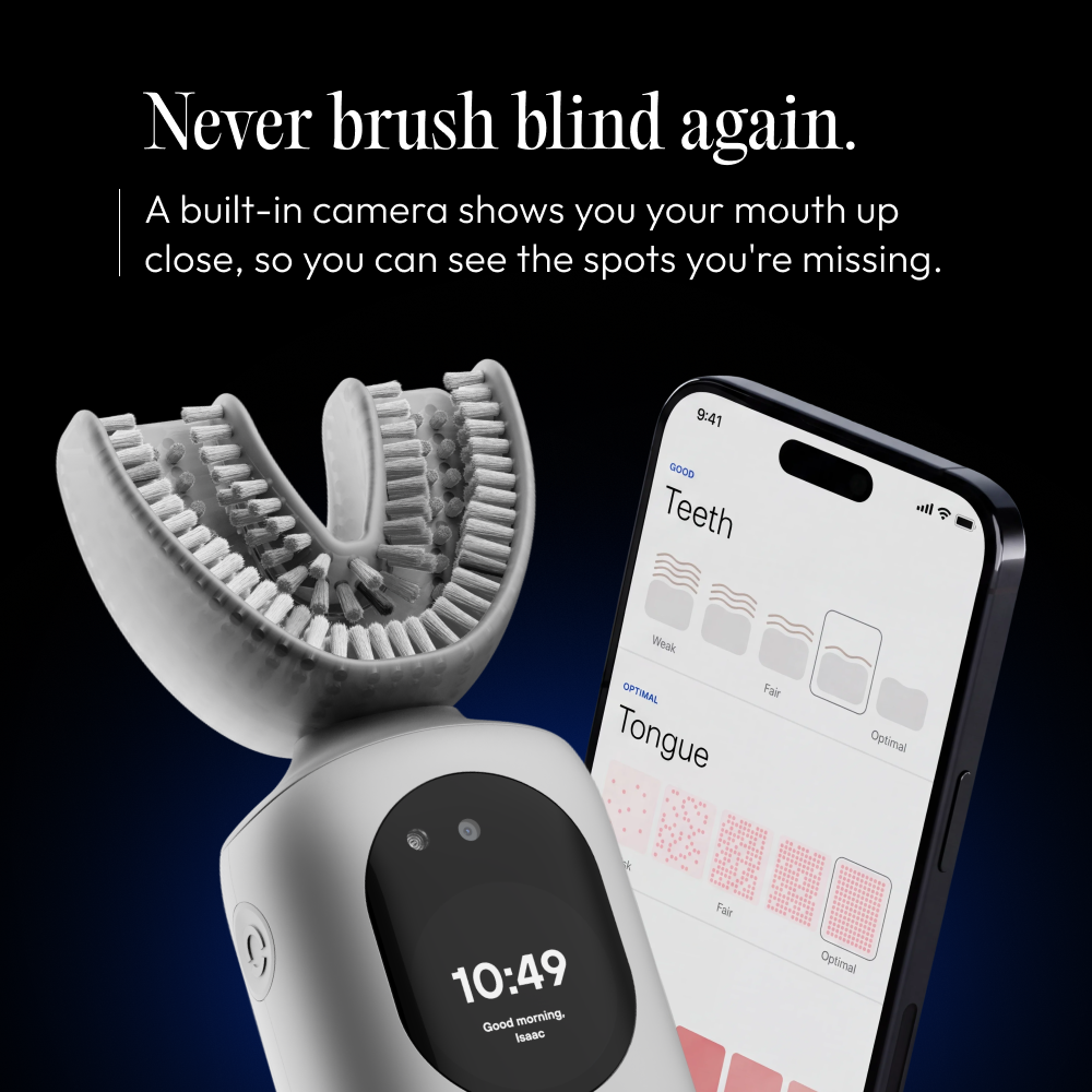 A smart U-shaped toothbrush with a camera, next to a smartphone displaying its companion brushing analysis app.