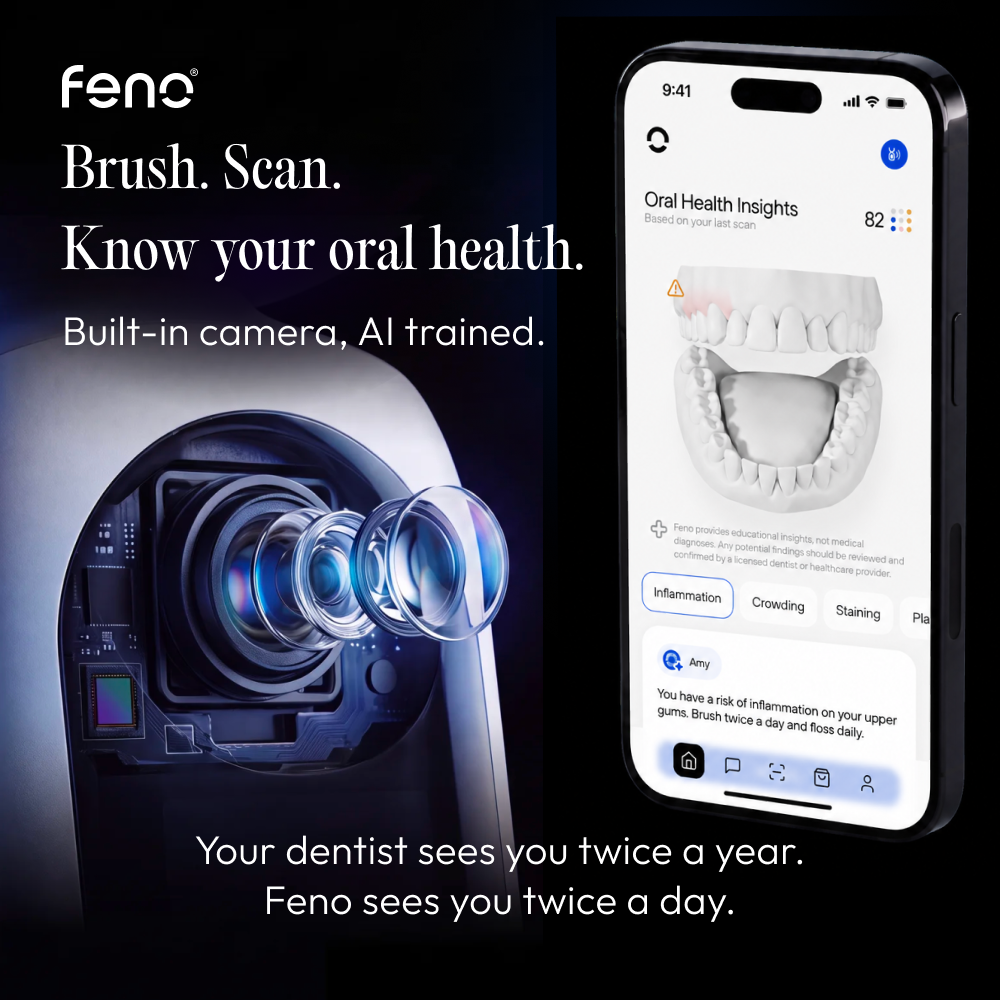 An ad for the Feno oral health device, showing its camera and a smartphone app with dental insights.