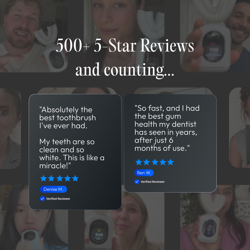A collage of customer photos and 5-star reviews for a U-shaped electric toothbrush.
