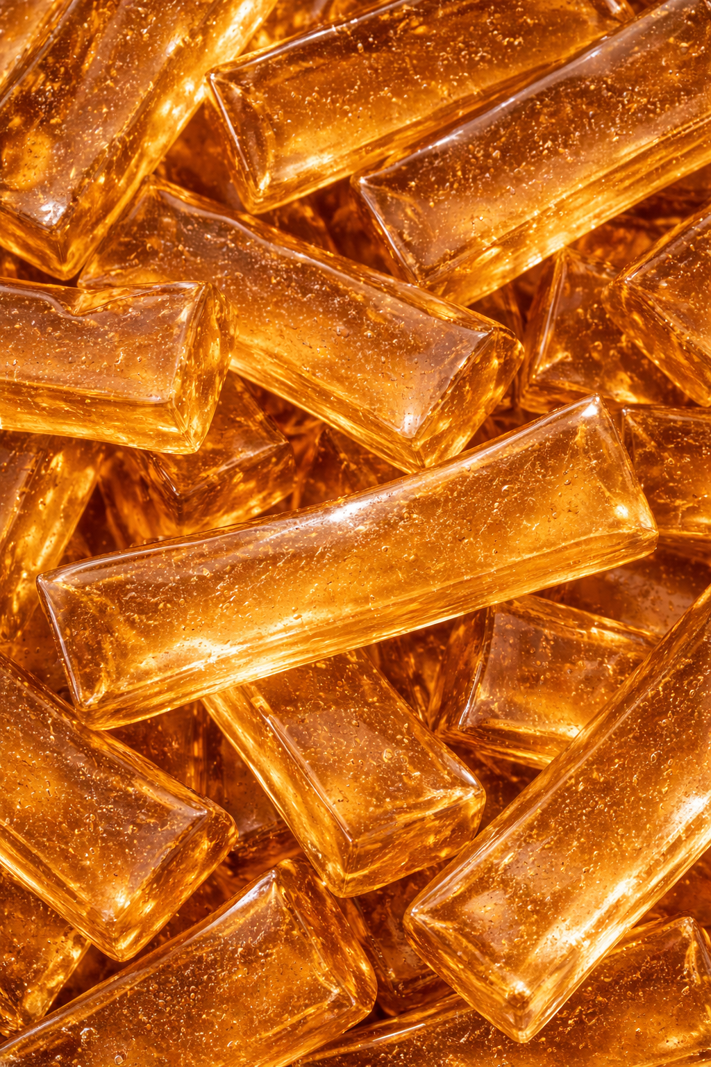 A close-up, top-down view of many rectangular, amber-colored, translucent glass pieces piled together.