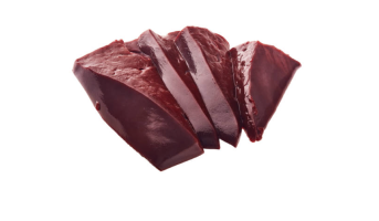 Several slices of raw, dark red liver on a plain white background.