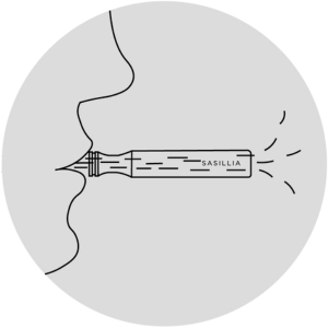 Line drawing of a face blowing on a pen labeled 'SASILIA'.