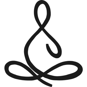 Black line art of a stylized yoga pose.