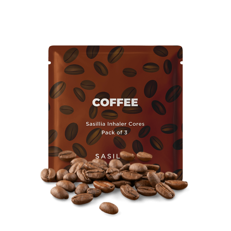 Coffee-themed packaging with coffee beans scattered in front.