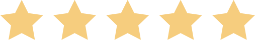 Five gold stars in a row on a transparent background.