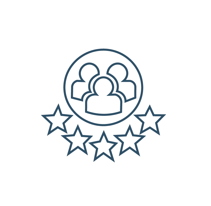 Three people icons in a circle with five stars below.