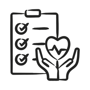 Icon of a checklist beside hands holding a heart with a heartbeat line.