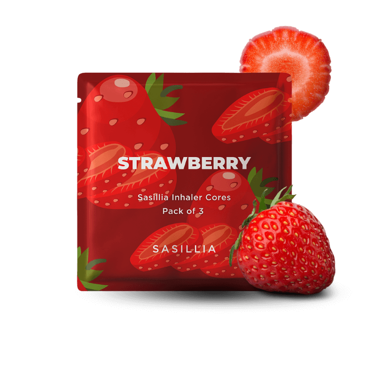 Red packaging with strawberries, labeled 'Strawberry Sasillia Inhaler Cores Pack of 3.'