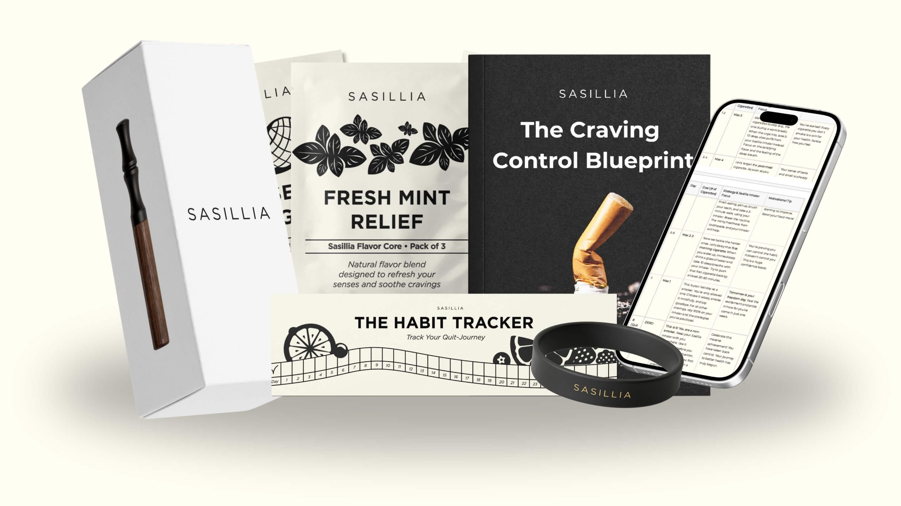 Collection of Sasillia products including mint relief, habit tracker, and smartphone with app.